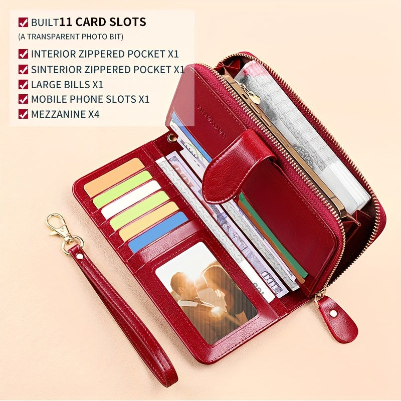 Two-Layer Cowhide Leather Clutch Wallet for Men & Women, Casual Large Capacity RFID Blocking Zippered Hand Purse with Transparent ID Slot and Anti-Theft Brush, Versatile for Going Out