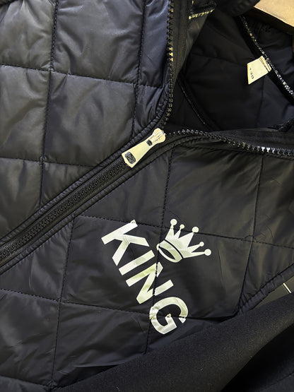 3pcs Boys' Winter Thermal Full Set - Thick Zip-Up Vest, Hooded Sweatshirt & Full-Zip Pants Jacket with & KING Logo Print (Black) - Loose-Fit Cold Weather Outfits for &, Machine Washable, Perfect for Outdoor