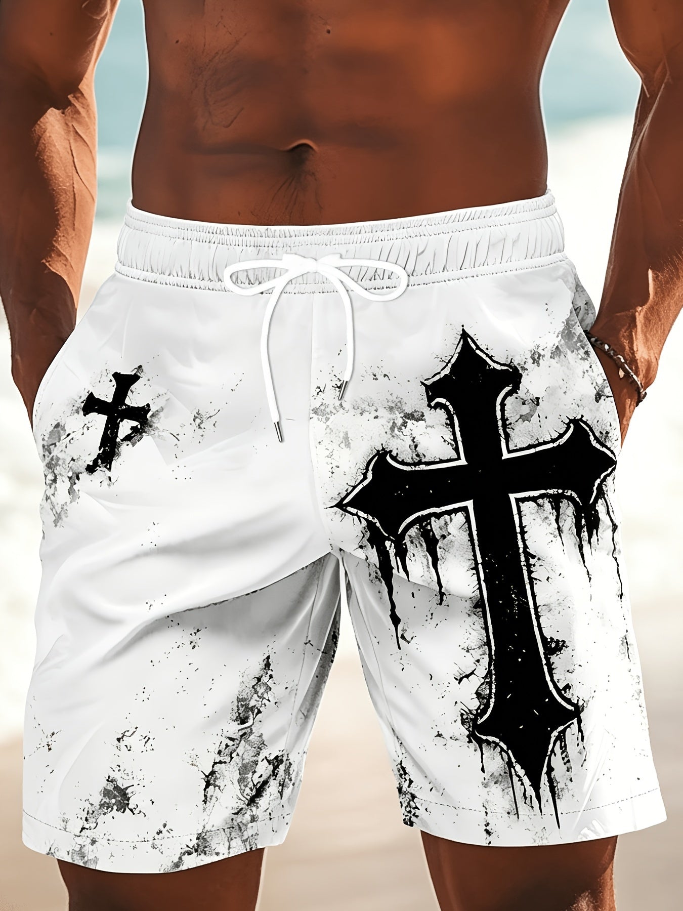 Men's Casual Beach Shorts with Cross Pattern and Drawstring