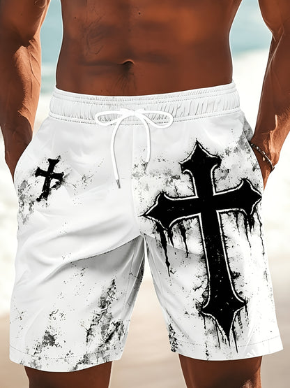 Men's Casual Beach Shorts with Cross Pattern and Drawstring