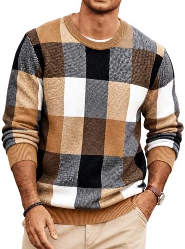Men's Plaid Crew Neck Knit Sweater Long Sleeve Pullover