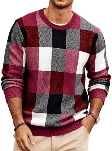 Men's Plaid Crew Neck Knit Sweater Long Sleeve Pullover
