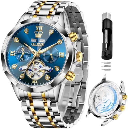 OLEVS Men's Automatic Skeleton Luxury Diamond Watch Stainless Steel