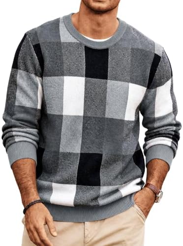Men's Plaid Crew Neck Knit Sweater Long Sleeve Pullover