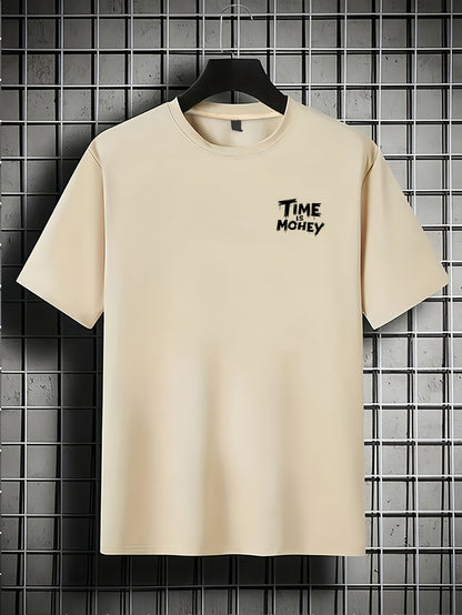 Men'S Casual Short Sleeve T-Shirt with "Time is Money" Clock  Stack of Cash Graphic - Lightweight Polyester, Loose Fit, Round Neck, Perfect for Spring  Summer Outdoor Wear, Relaxed Fit Shirt   Bold Graphic Tee   Glossy Text