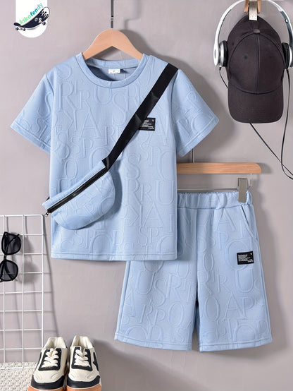 Boys' Stylish White Short Sleeve T-Shirt + Casual Shorts + Fashion Crossbody Bag Set, Perfect for Outdoor