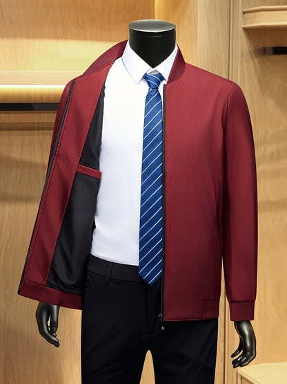 Men's Solid Burgundy (or other colors available) Slim-Fit Full-Length Zip-Up Jacket - Lightweight Business Casual Coat with Full-Length Zipper Closure, White Collar & Full-Length Zip Jacket for Office, Semi-Formal & Semi-Prof