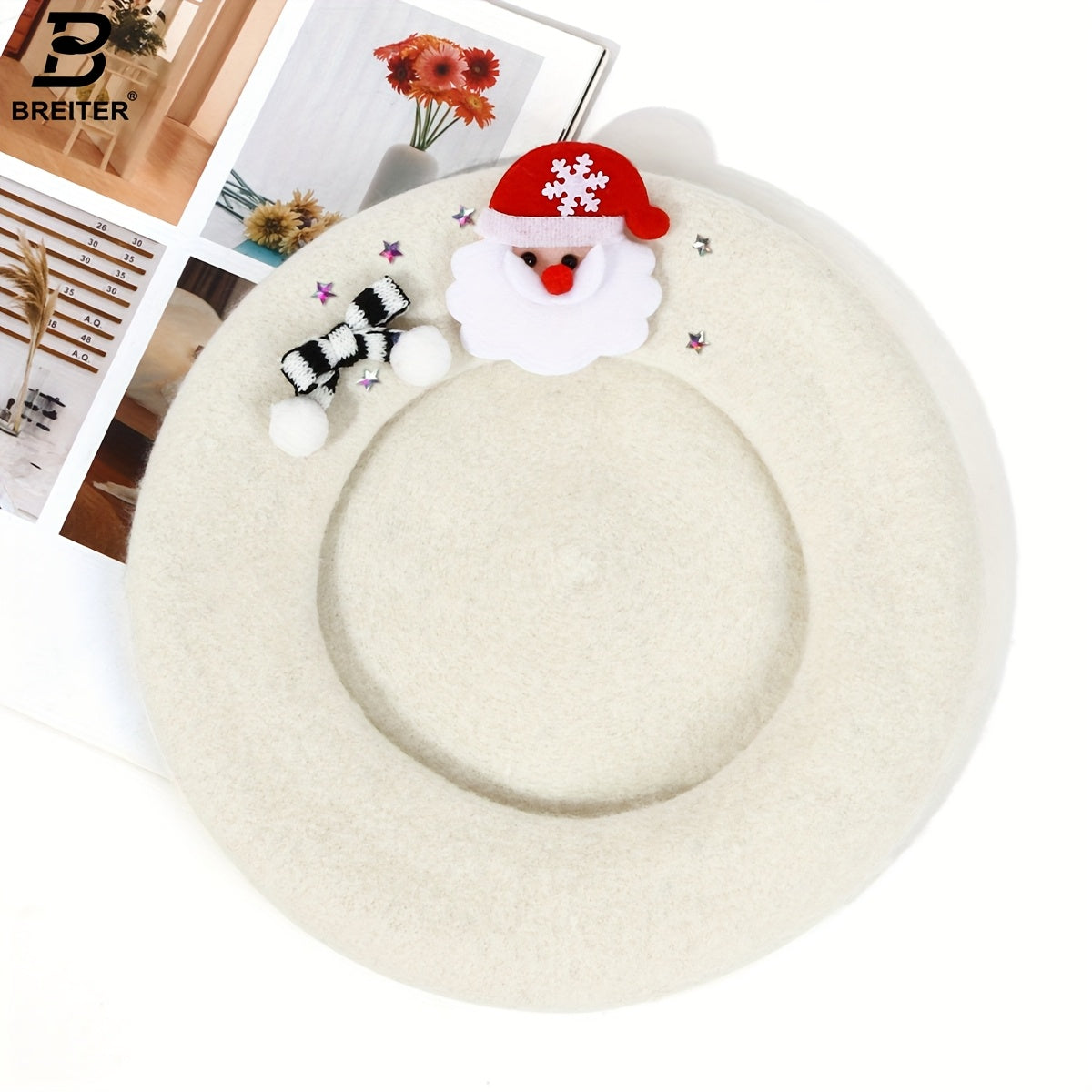 1pc Women'S 100% Wool Christmas Beret Hat with Santa Hat & Snowflake Bow - Lightweight Warm Winter Cap for Holiday Parties, Christmas Gifts, Durable Headgear, Festive Headwear, Party Headwear, New Year'S Eve - Hand Washable (