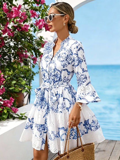 Women’s Floral Tie-Waist Mini Dress with Flared Sleeves