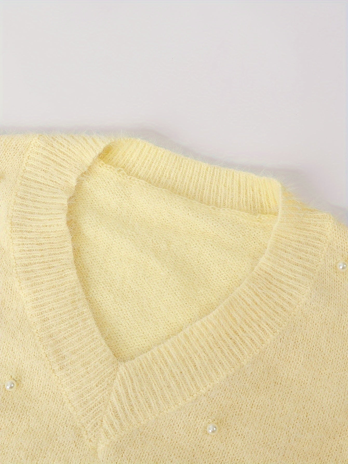 Plus Size - Women'S Cozy Yellow V-Neck Sweater with Pearl Buttons & Fleece-Lined Cuffs - Asymmetrical Hem, Geometric Pattern, Casual Winter Pullover for Casual Attire, Winter Apparel | Vneck Sweater | Pearl Button Details, Sw