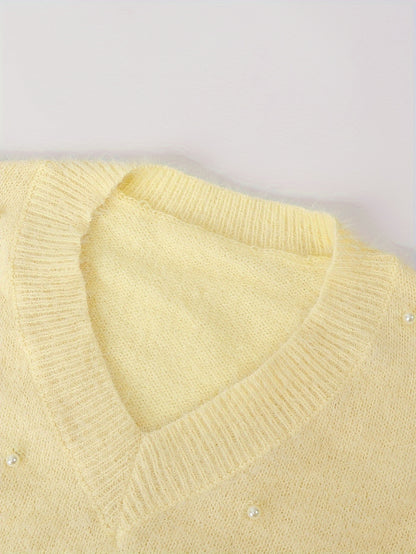 Plus Size - Women'S Cozy Yellow V-Neck Sweater with Pearl Buttons & Fleece-Lined Cuffs - Asymmetrical Hem, Geometric Pattern, Casual Winter Pullover for Casual Attire, Winter Apparel | Vneck Sweater | Pearl Button Details, Sw