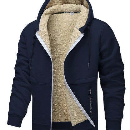 1pc Men'S Casual Style Hooded Jacket, Thick Fleece Lined, Warm