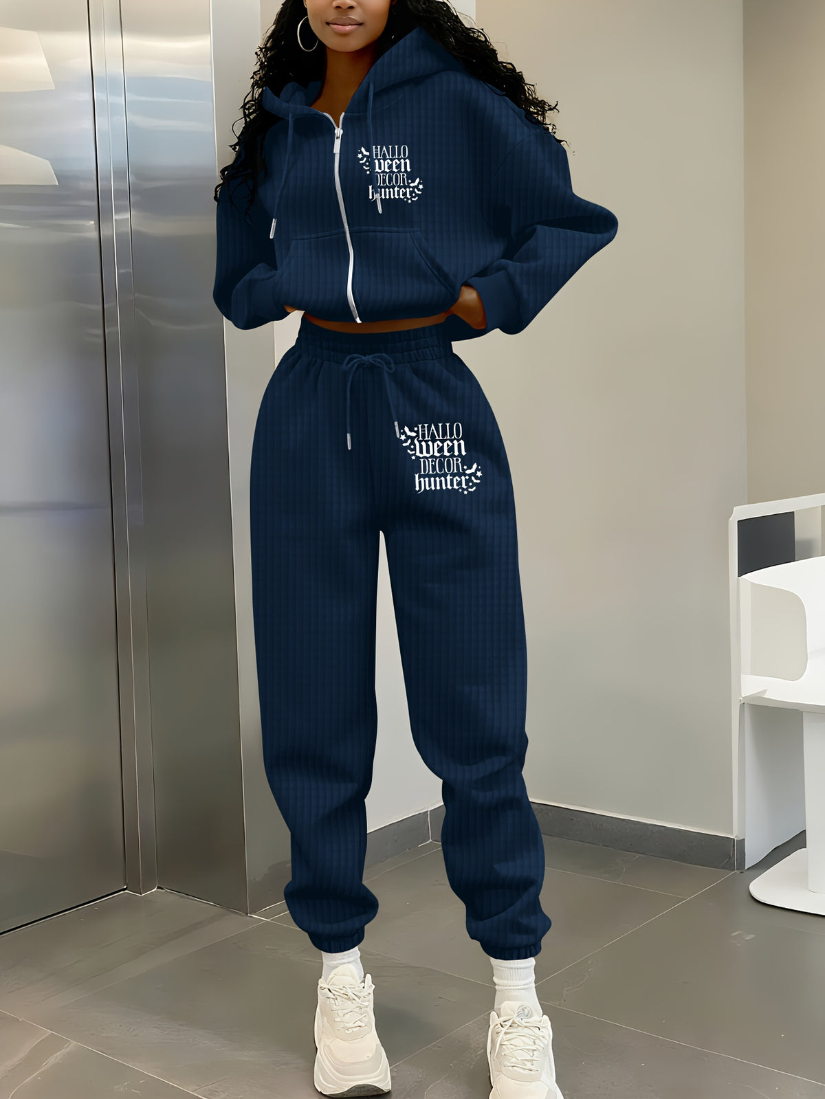 Women's Casual Waffle Knit Hoodie and Pants Set for Fall/Winter