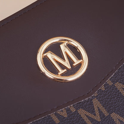 Women'S Elegant Patchwork Wallet & Wristlet Clutch - Large Capacity Double-Zip Coin Purse with Golden-Tone M-Logo, Golden-Tone Hardware & Wrist Strap