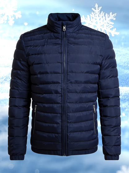 Men's Stand Collar Winter Jacket with Zipper and Fiber Filling