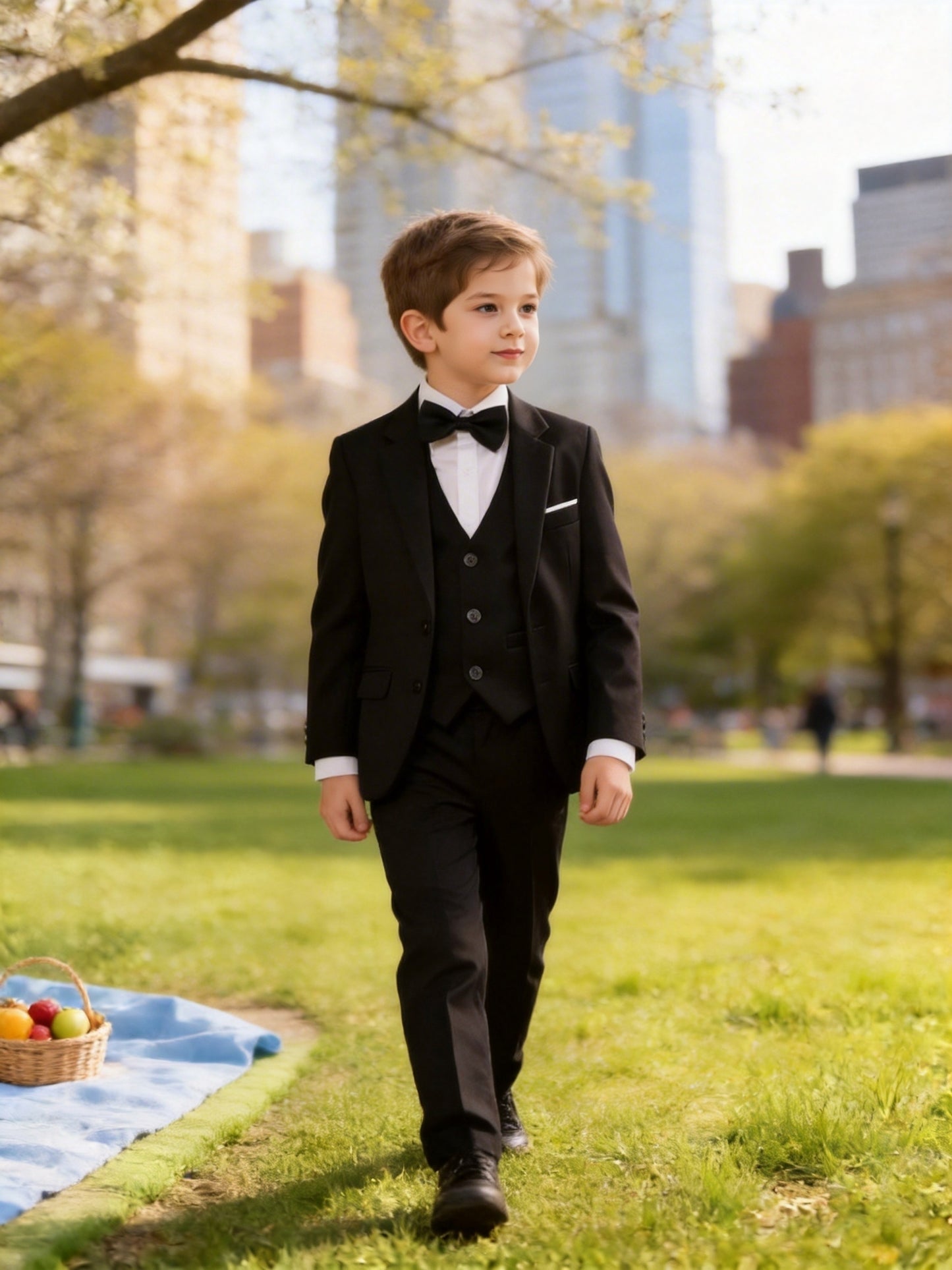 Boys' Korean Style 4-Piece Suit Set with Jacket & Bow Tie