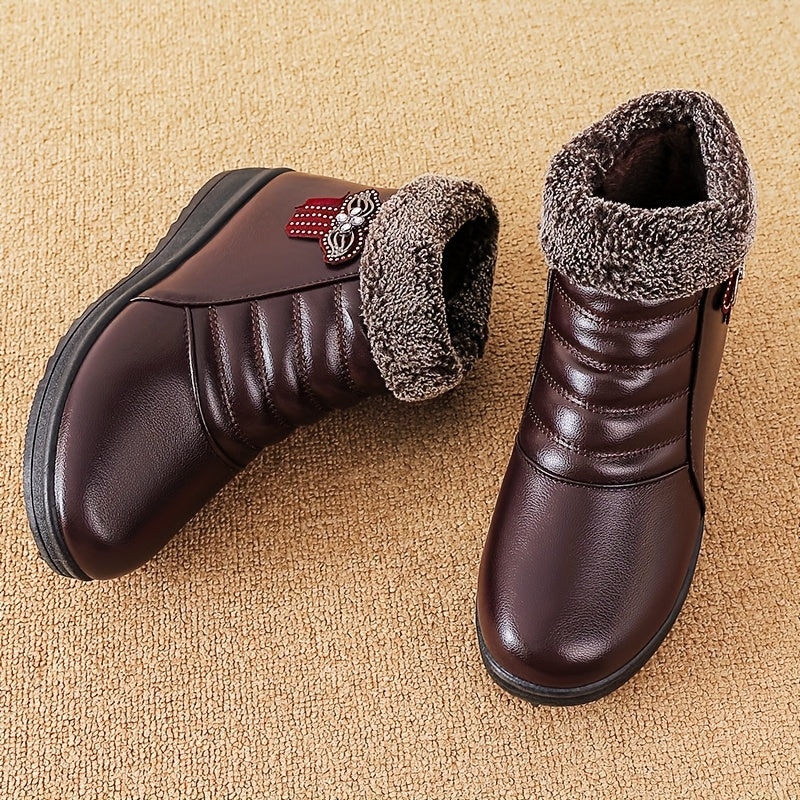 Women'S Comfortable And Warm Shoes for Autumn And Winter, Short Boots with Fleece Lining, Snow Boots, Leather Shoes, Glossy Black Platform Boot, Elegant Rain Boot For Woman, Warm And Comfortable Bootie For Working, Low Ankle