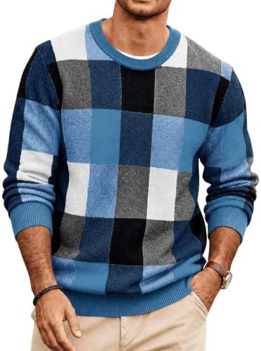 Men's Plaid Crew Neck Knit Sweater Long Sleeve Pullover