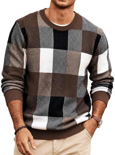 Men's Plaid Crew Neck Knit Sweater Long Sleeve Pullover