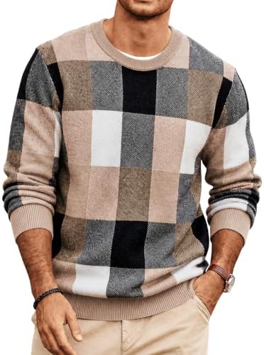 Men's Plaid Crew Neck Knit Sweater Long Sleeve Pullover