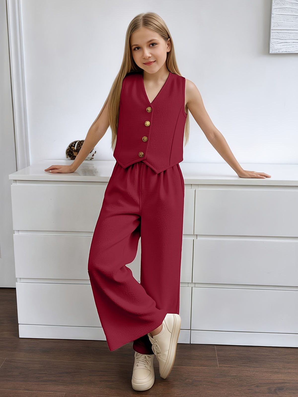 Girls' Summer Casual Set: Vest and Wide-Leg Pants Outfit