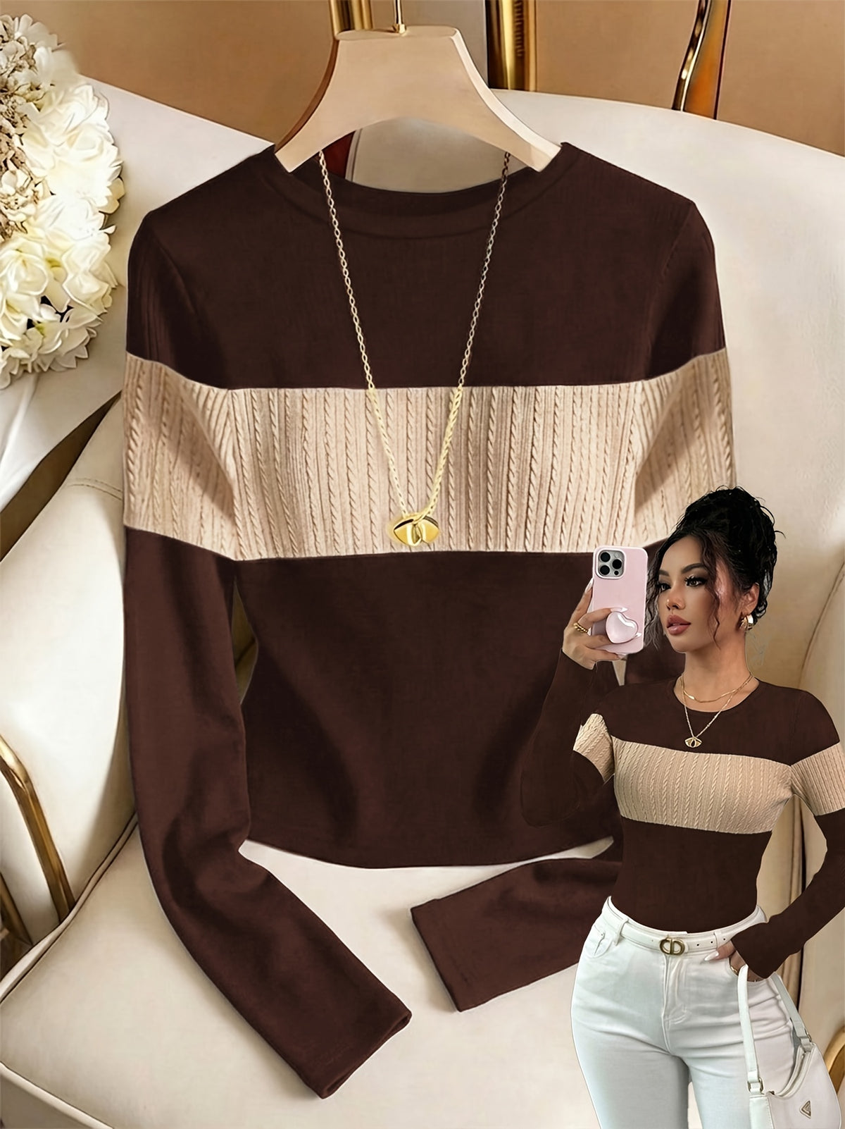 Women's Elegant Color-Block Long Sleeve Crew Neck Top