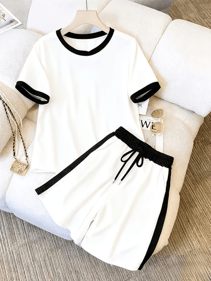 Women’s Elegant Contrast Trim T-Shirt & High-Waist Shorts Set