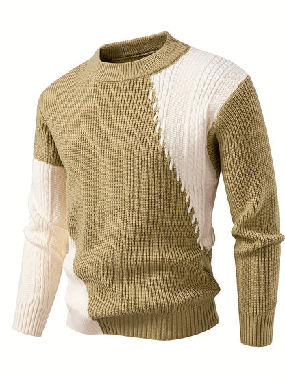 New Autumn-Winter Round Neck Men's Sweater, Fashion Casual Trendy Patchwork Knitwear, Warm Thick Stylish Loose Top