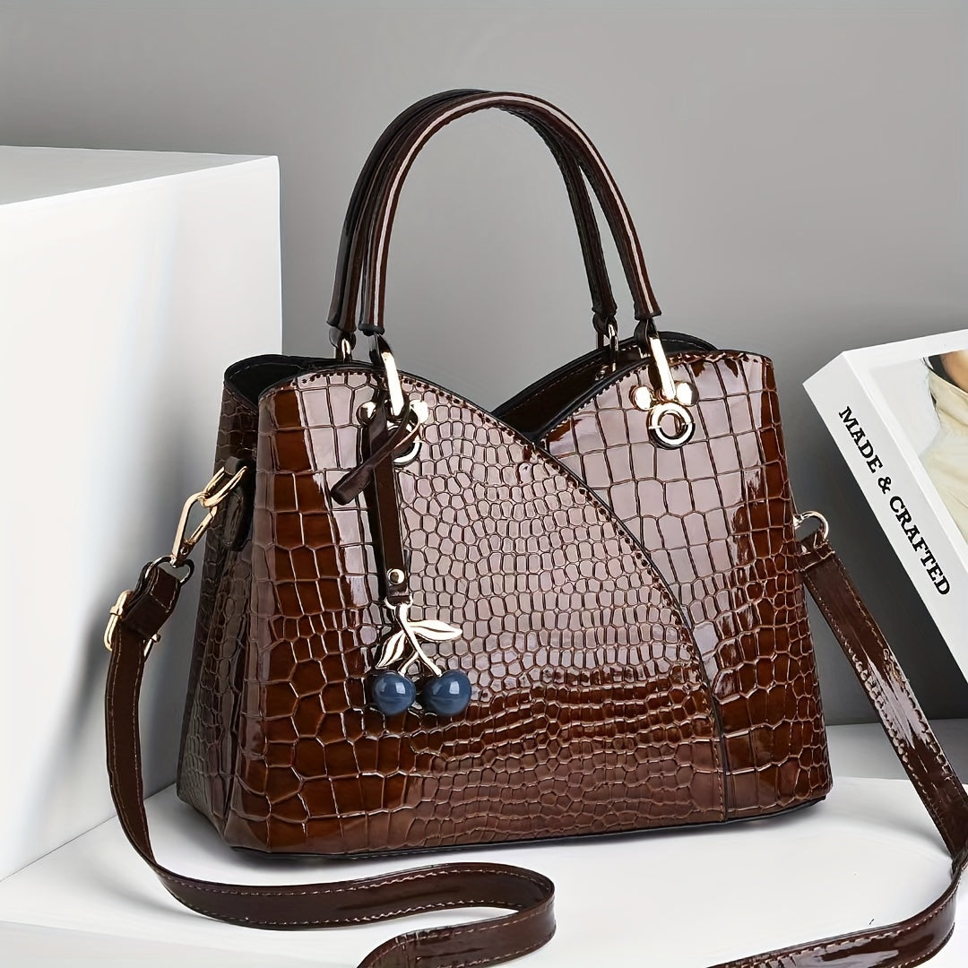 2022 Newest Trendy Women'S Faux Crocodile-Texture Handbag with Cherry Pendant - Stylish Black And Red Shoulder And Handbag, Zip Closure, Polyester Lining, Edge Paint Detail, Handbag|Chic Handbag|Zippered Bag