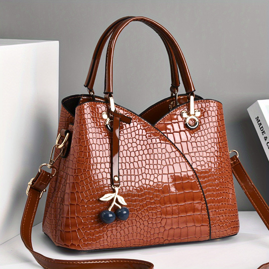 2022 Newest Trendy Women'S Faux Crocodile-Texture Handbag with Cherry Pendant - Stylish Black And Red Shoulder And Handbag, Zip Closure, Polyester Lining, Edge Paint Detail, Handbag|Chic Handbag|Zippered Bag