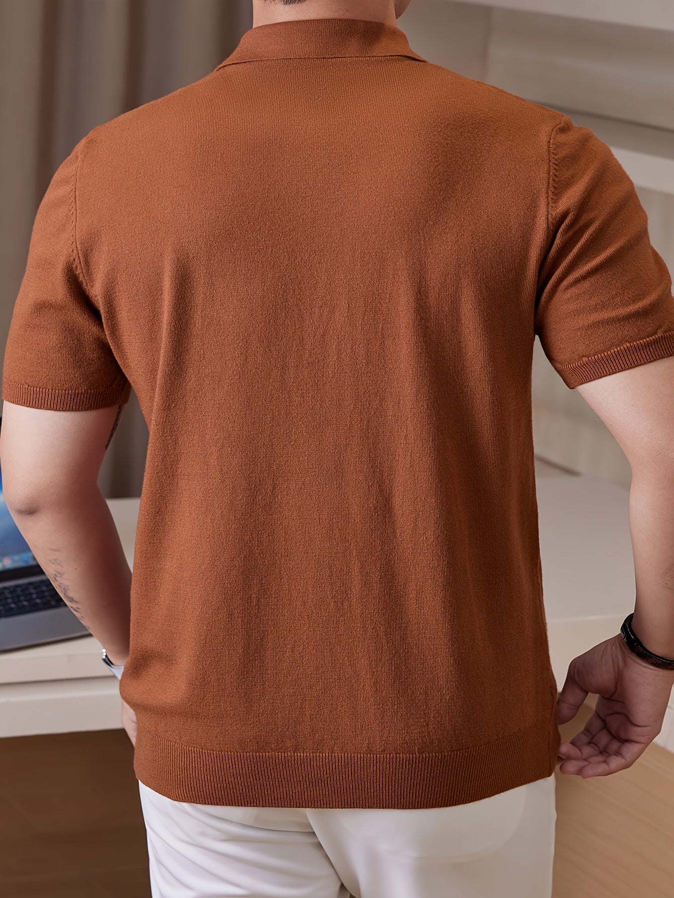 Men's Twisted Flower Knitted Shirt Short Sleeve Ribbed Knitted Shirt Spring and Autumn Lightweight Casual Texture Golf Shirt Collar Sweater Business Commuter Collar Bottom Shirt Top - ayq