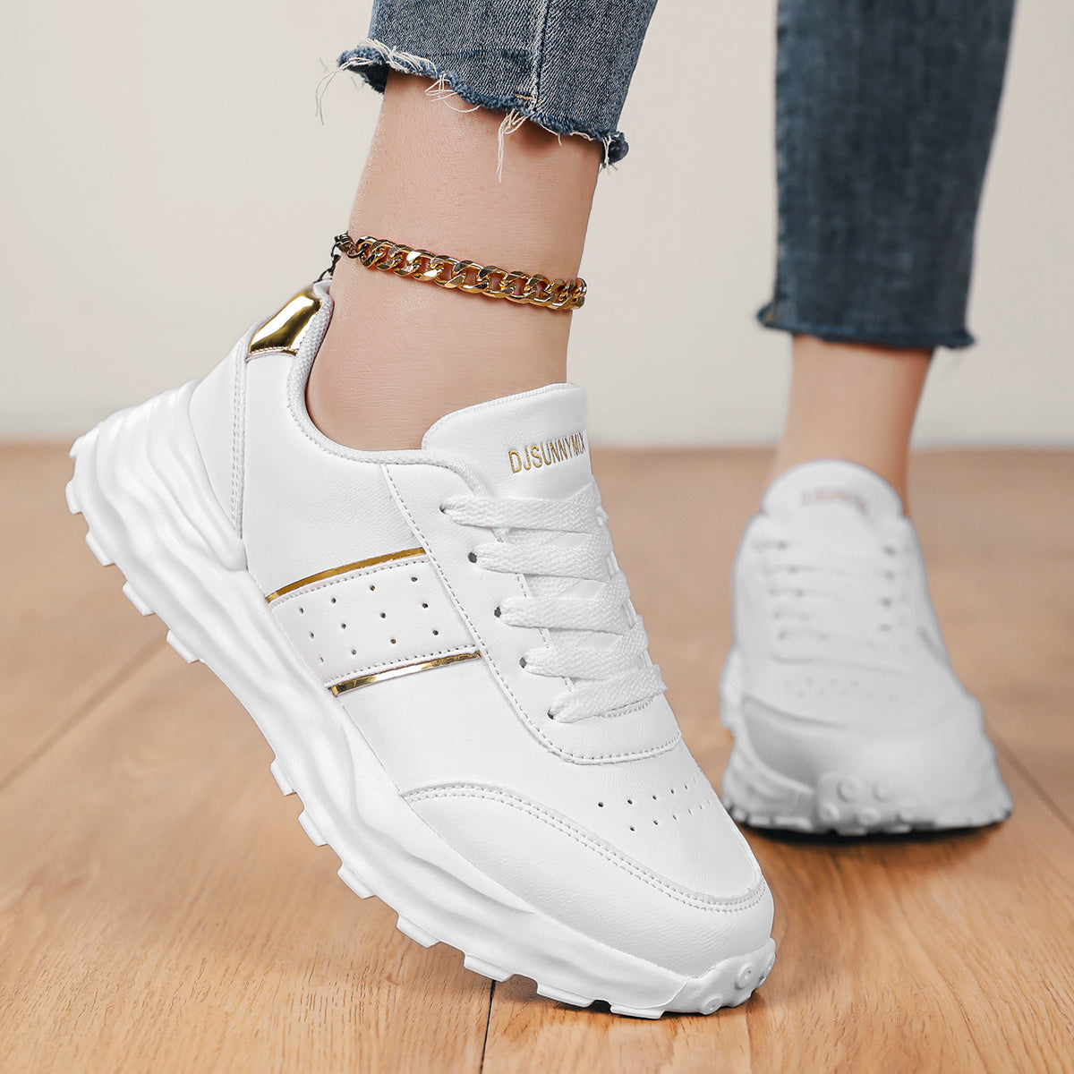 DJSUNNYMIX Women's Casual Running Shoes with Golden Glitter Accents - Lightweight EVA Sole, Breathable Fabric Lining, Low-Top Lace-Up Design for All-Season Comfort  Style, Sporty Footwear   Flexible Footwear