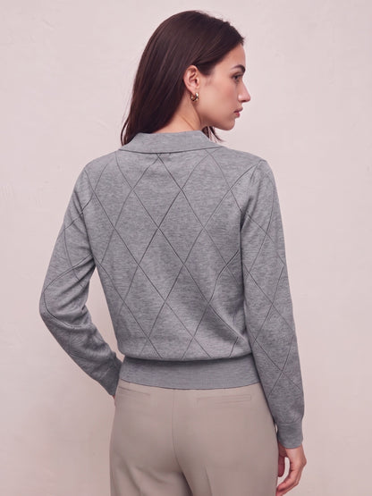 Elegant Women's Polo Neck Argyle Sweater with Loose Fit