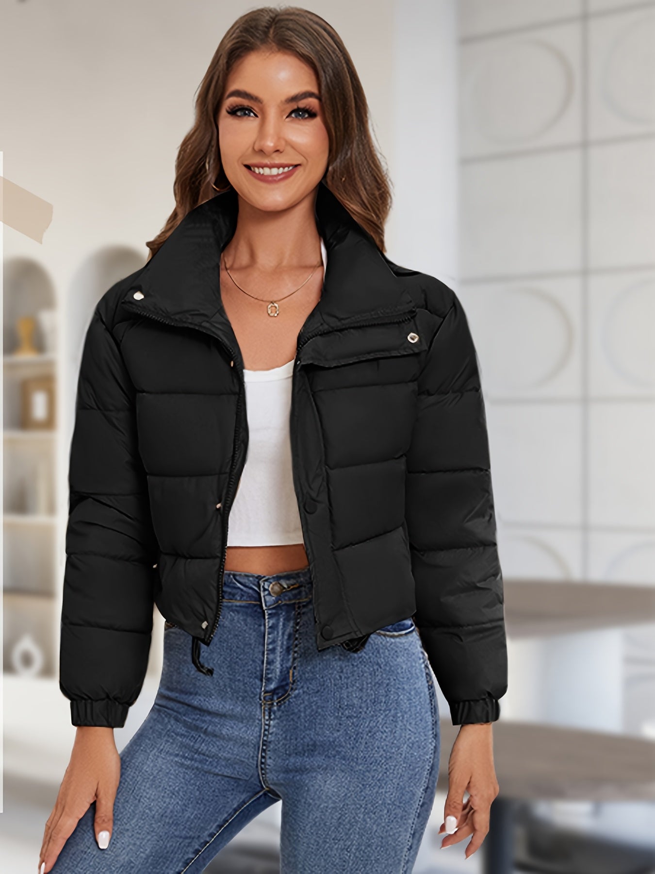 Women'S Lightweight Winter Jacket - Elegant Black Quilted Coat with Stand Collar, Long Sleeves, and Button Front, Perfect for Cold Weather, Stylish Outerwear, Sleek Fabric Design