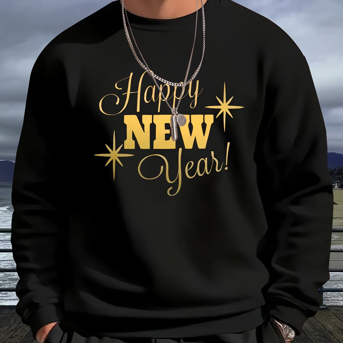 Men's Happy New Year Sweater - Loose Fit Round Neck Pullover Shirt with Golden Script, Light Grey & Machine Washable Casual Party Outfit for Everyday & Celebration Wear, Cute Sweaters, Festive Apparel, Festive Design, Durable