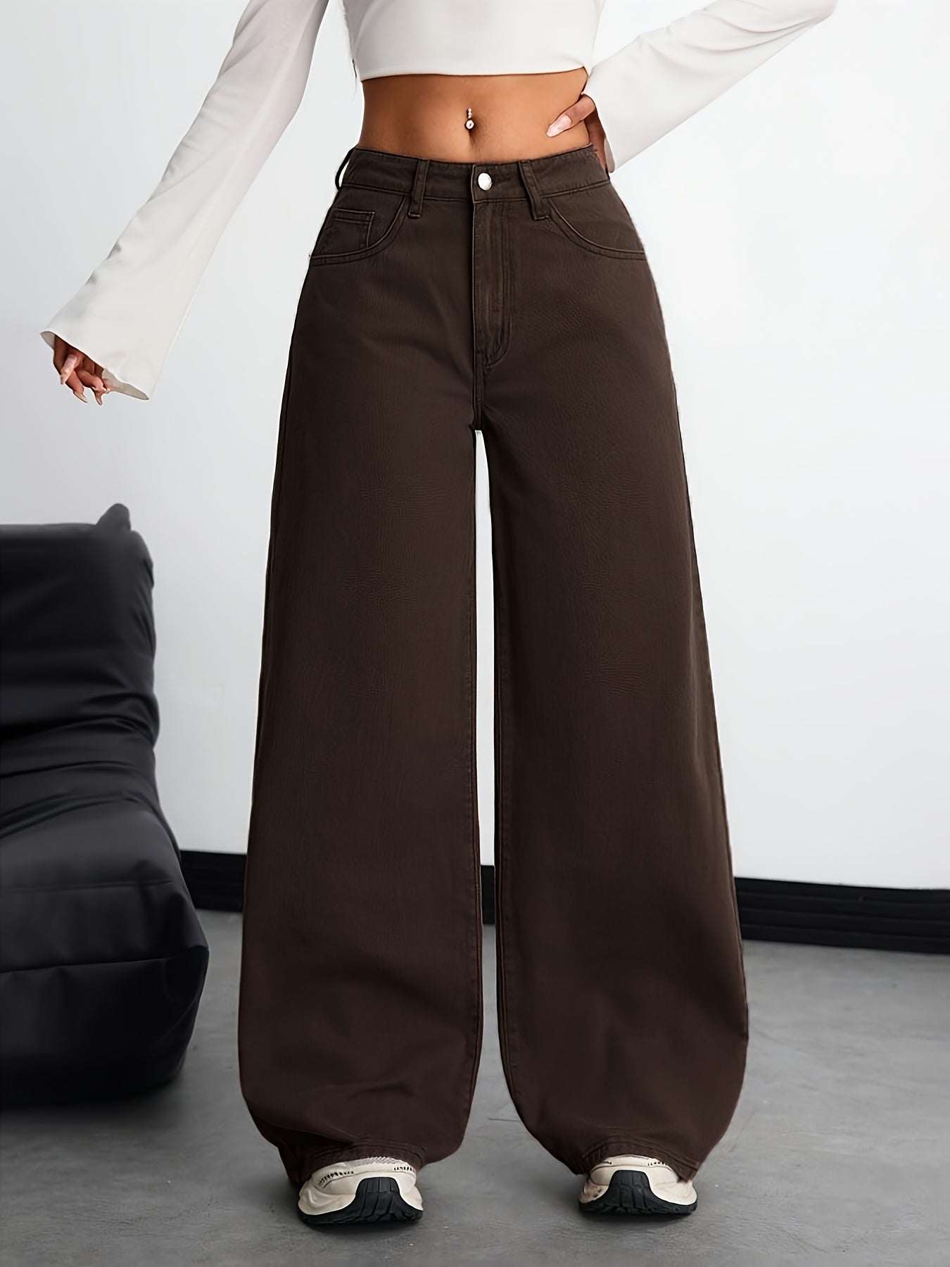 Women's High-Waist Wide-Leg Faux Denim Pants – Stretchy Elegant Style
