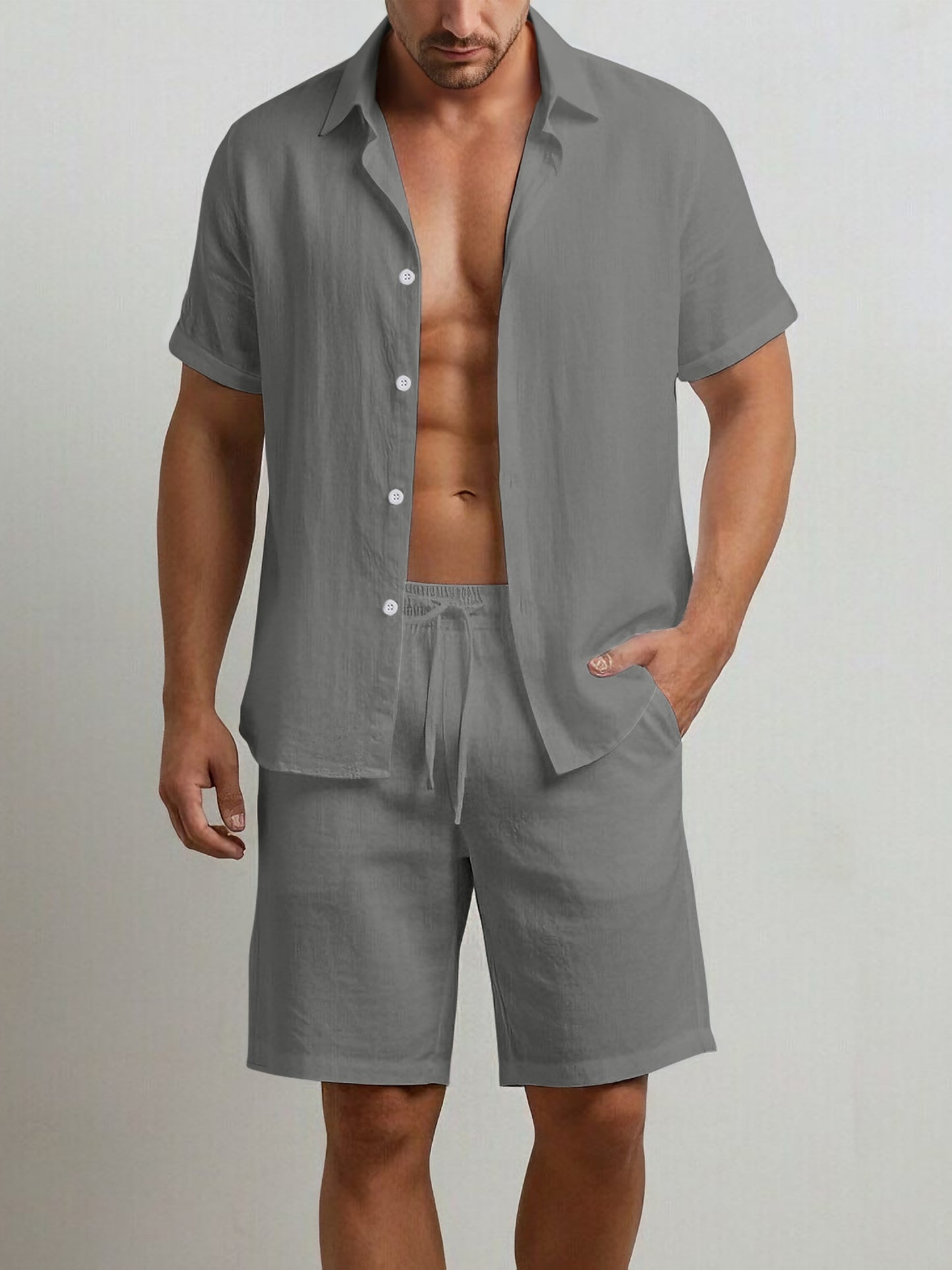 Men's Summer Cotton Shirt and Shorts Set - Casual Outdoor Wear