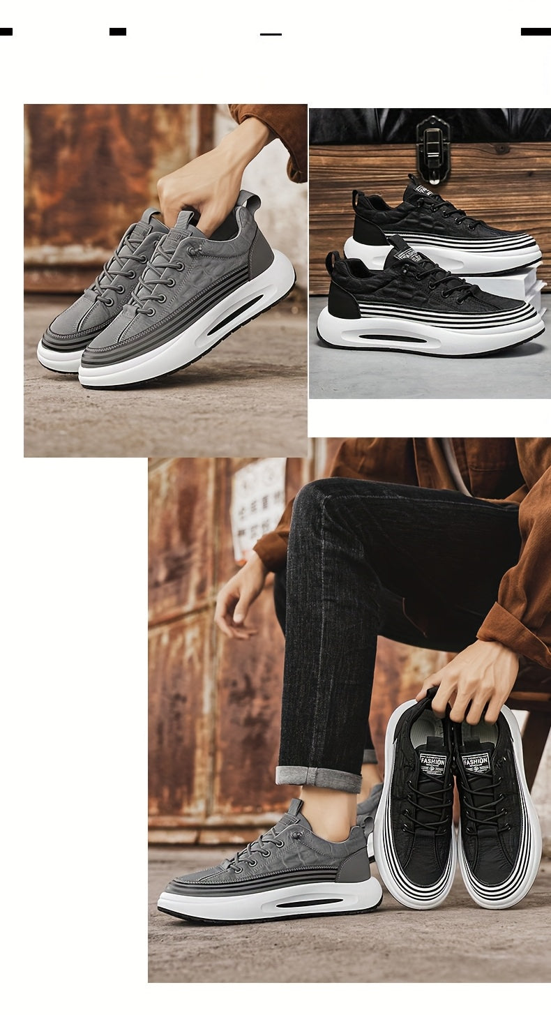 Men's Breathable Casual Sneakers - 2025 Spring New Design, Low-Top Elastic Lace-Up, Grey  White PU Upper with Cushioned EVA Insole  Durable PVC Sole for All-Season Outdoor Running, Gym, Daily Wear, Gym Shoes, Sleek Sporty D