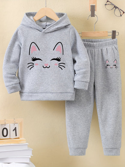 Autumn/Winter Smile Face Kitten Graphic Print Warm Fleece Hooded Sweatshirt And Sports Trousers for Girls, for Outdoor
