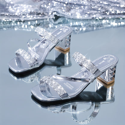 Elegant Women'S Summer Sandals - Sexy Open Toe with Glittering Square Toe, High Heel, and Rubber Sole for Outdoor Wear, Summer Footwear   Chic Sandals   Glossy Finish, Strappy Sandals