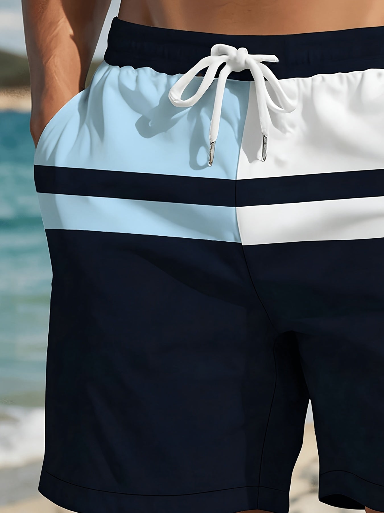 Men's Lightweight Polyester Beach Shorts with Color Block Design
