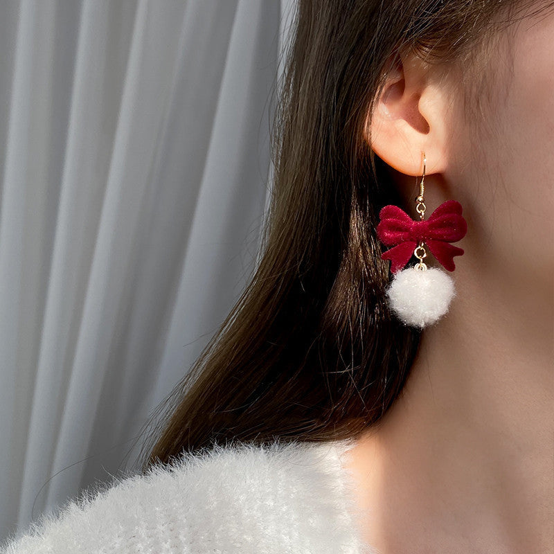 Copper Earrings Elegant Cute Red Flocking Bow White Furry Ball Design Dangle, for Winter, Christmas, Party, Gift-giving Occasion, Women