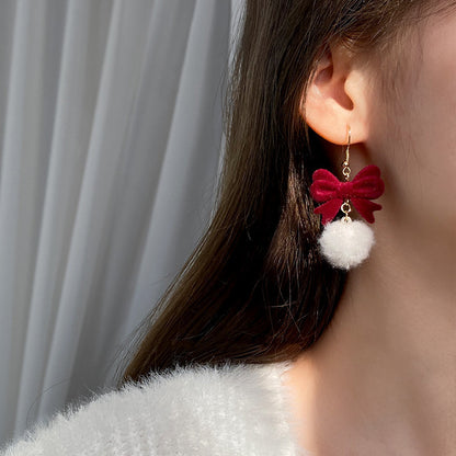 Copper Earrings Elegant Cute Red Flocking Bow White Furry Ball Design Dangle, for Winter, Christmas, Party, Gift-giving Occasion, Women