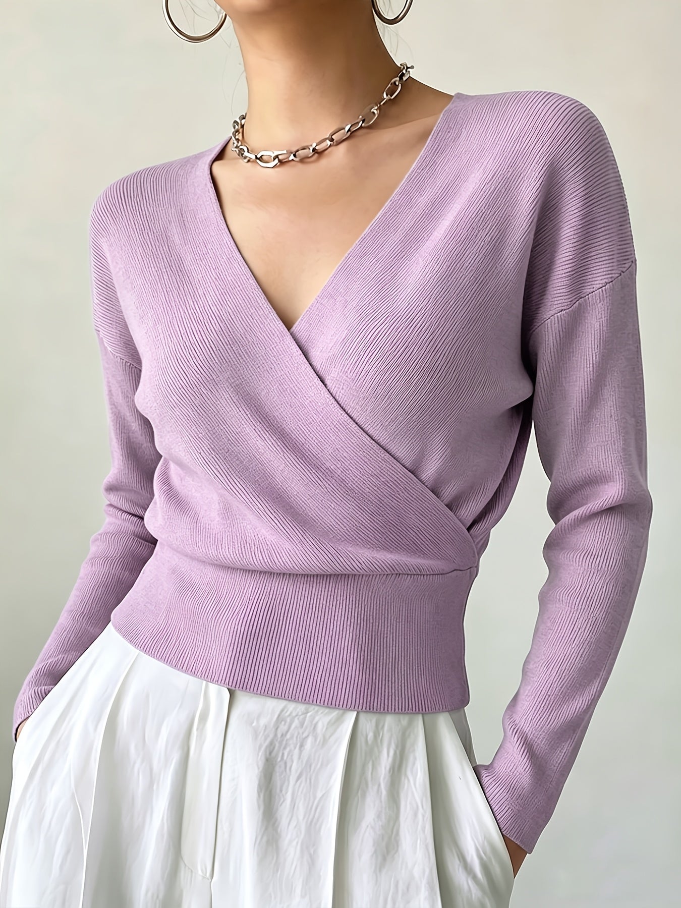 Women's Elegant Cross-Collar V-Neck Pullover Knitwear for Fall/Winter