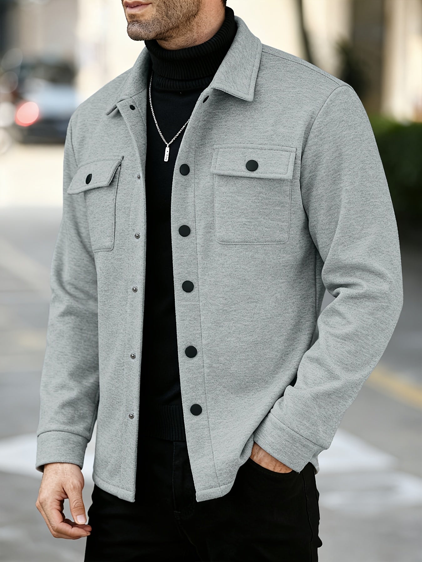 Men's Solid Color Lined Workwear Shirt Jacket with Snap Buttons