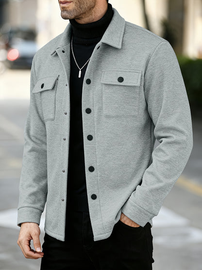 Men's Solid Color Lined Workwear Shirt Jacket with Snap Buttons
