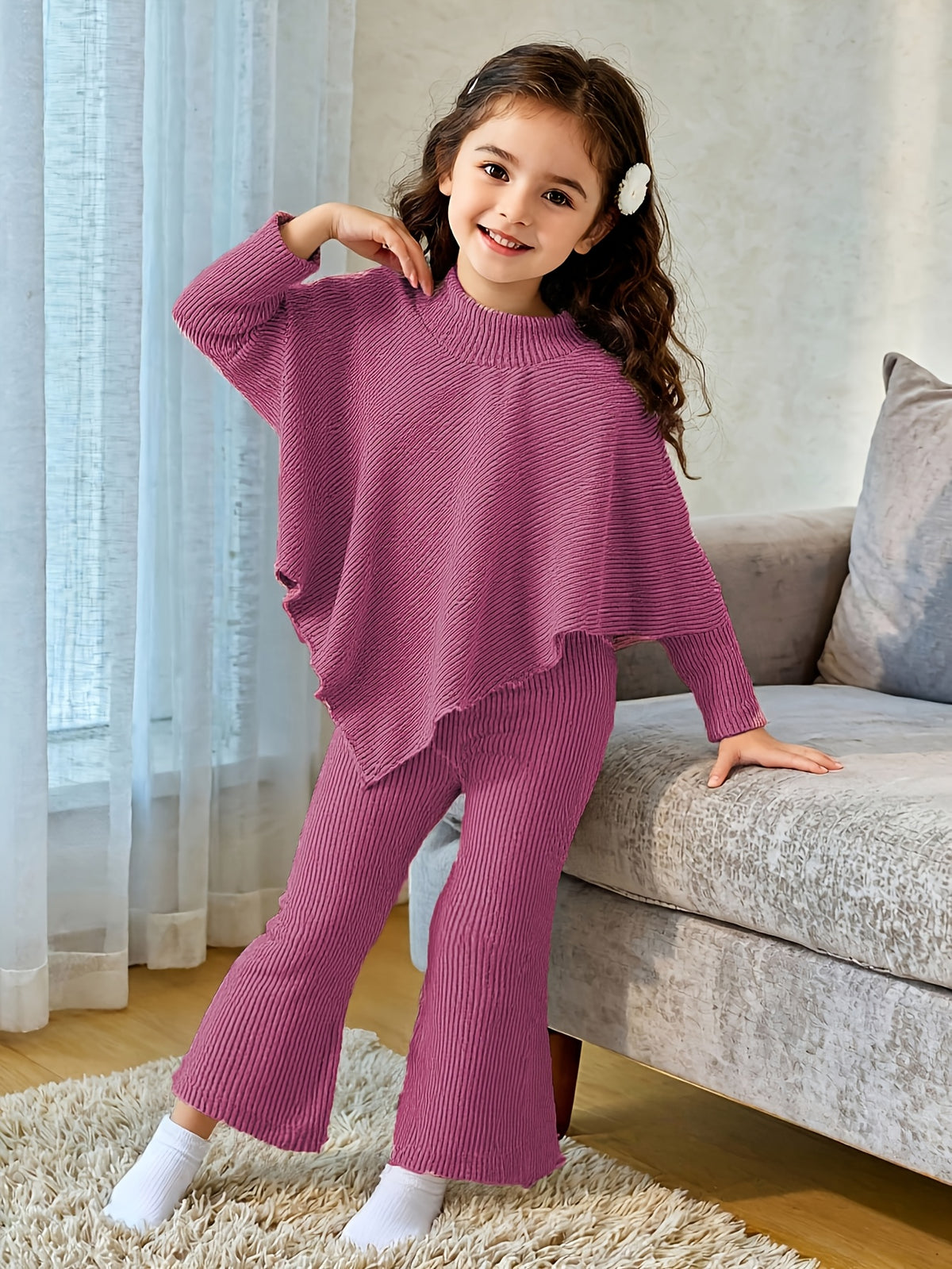 Girls' Fall/Winter Ribbed Pullover & Flared Pants Set - ayq