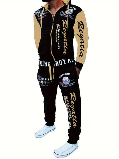 Men's Hooded Letter Print Tracksuit, 2pcs Casual Sports Set, Fashion Hoodie With Full-zip And Elastic-waist Pants, Regular Fit, Outdoor Cloth