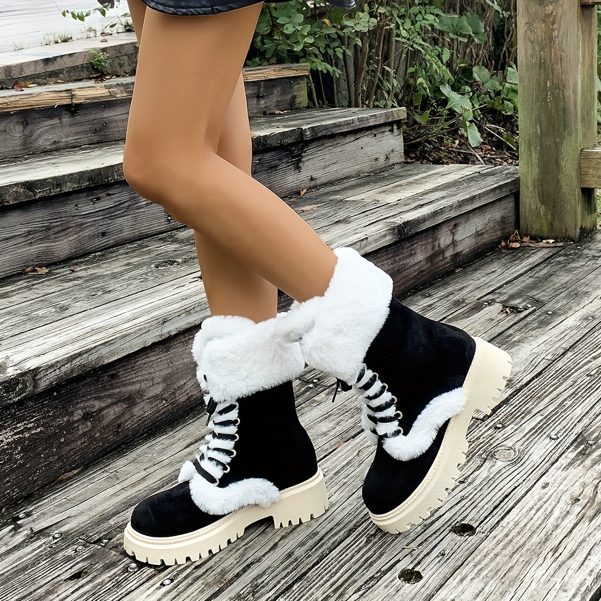 Women's Cozy Fleece-Lined Winter Boots - Mid-Calf Lace-Up with Thick Faux Fur Trim, Round Toe & Chunky Heel in Brown or Black, Perfect for Cold Weather Comfort, Winter Boots