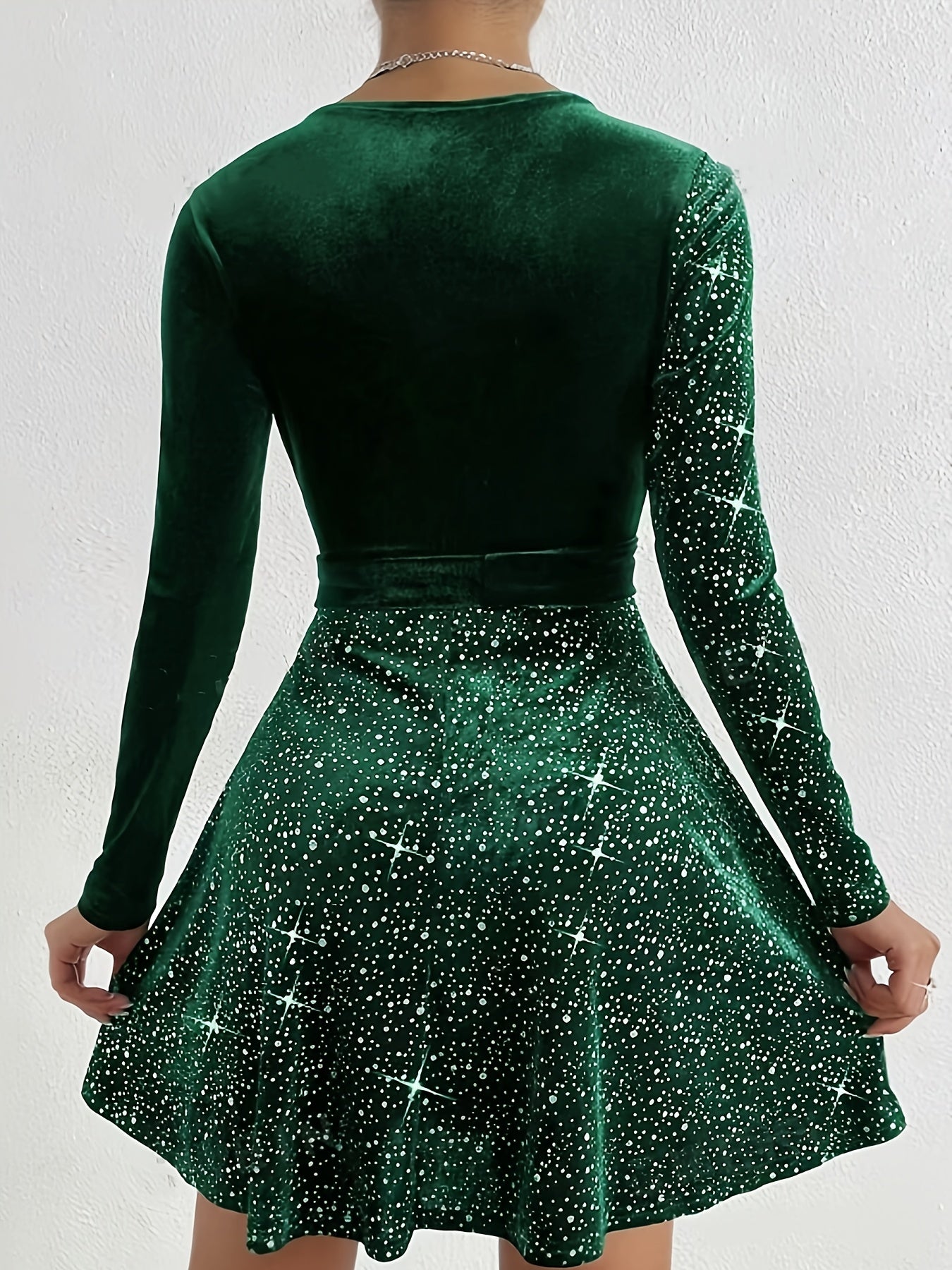 Elegant Women’s Velvet Dress with Cross Neck and Belt - Long Sleeve, Black with Sparkling Stars, Polyester Blend, Machine Washable, Perfect for Casual or Evening Wear